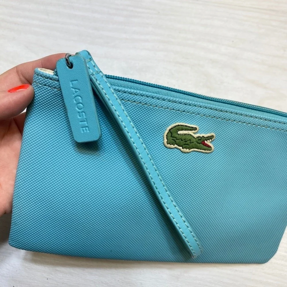 Lacoste Turquoise Blue Textured PVC Wristlet Pouch Zip Clutch‎ Bag